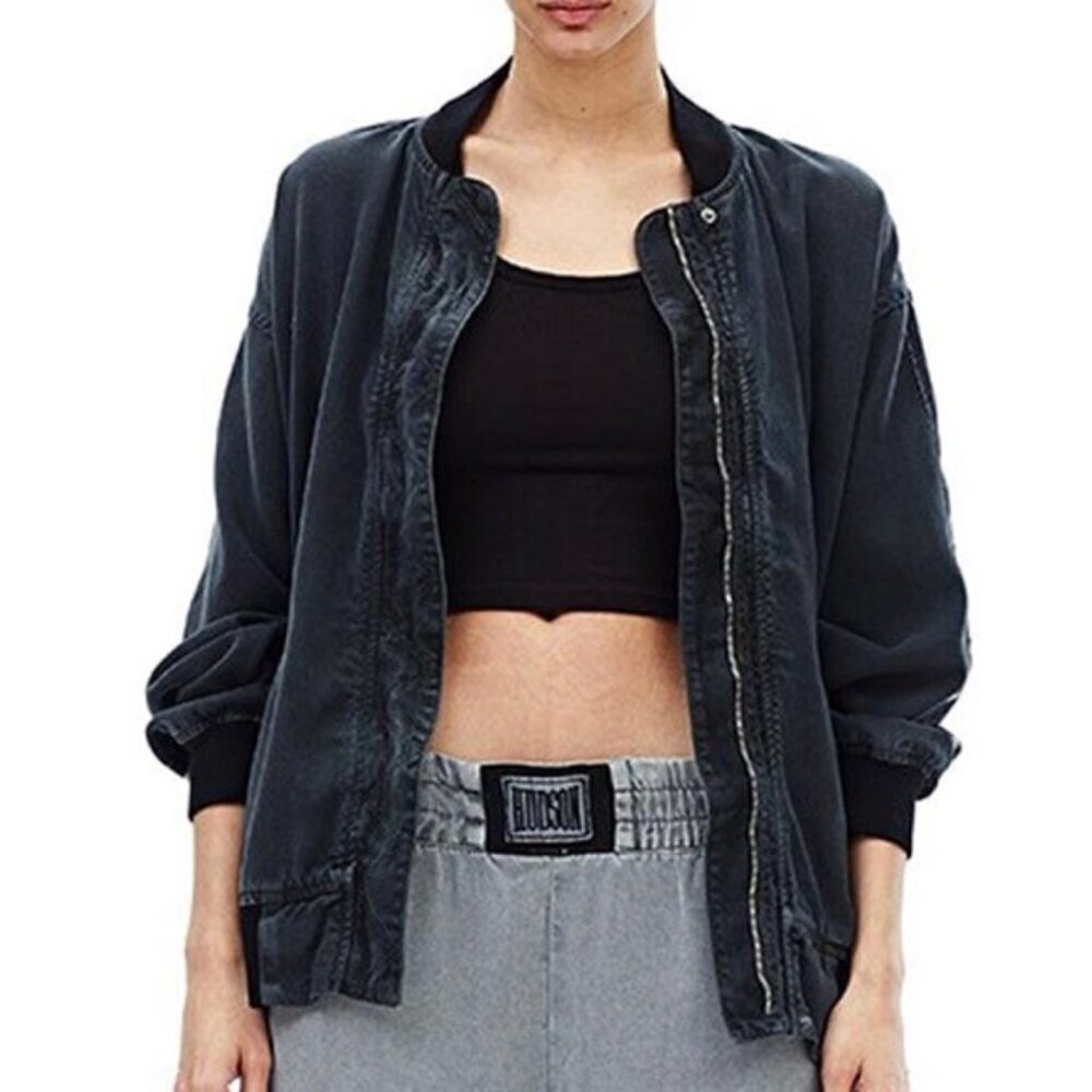 Hudson Womens Nova Varsity Jacket Eashed Black Full Zip Retro XS Oversized